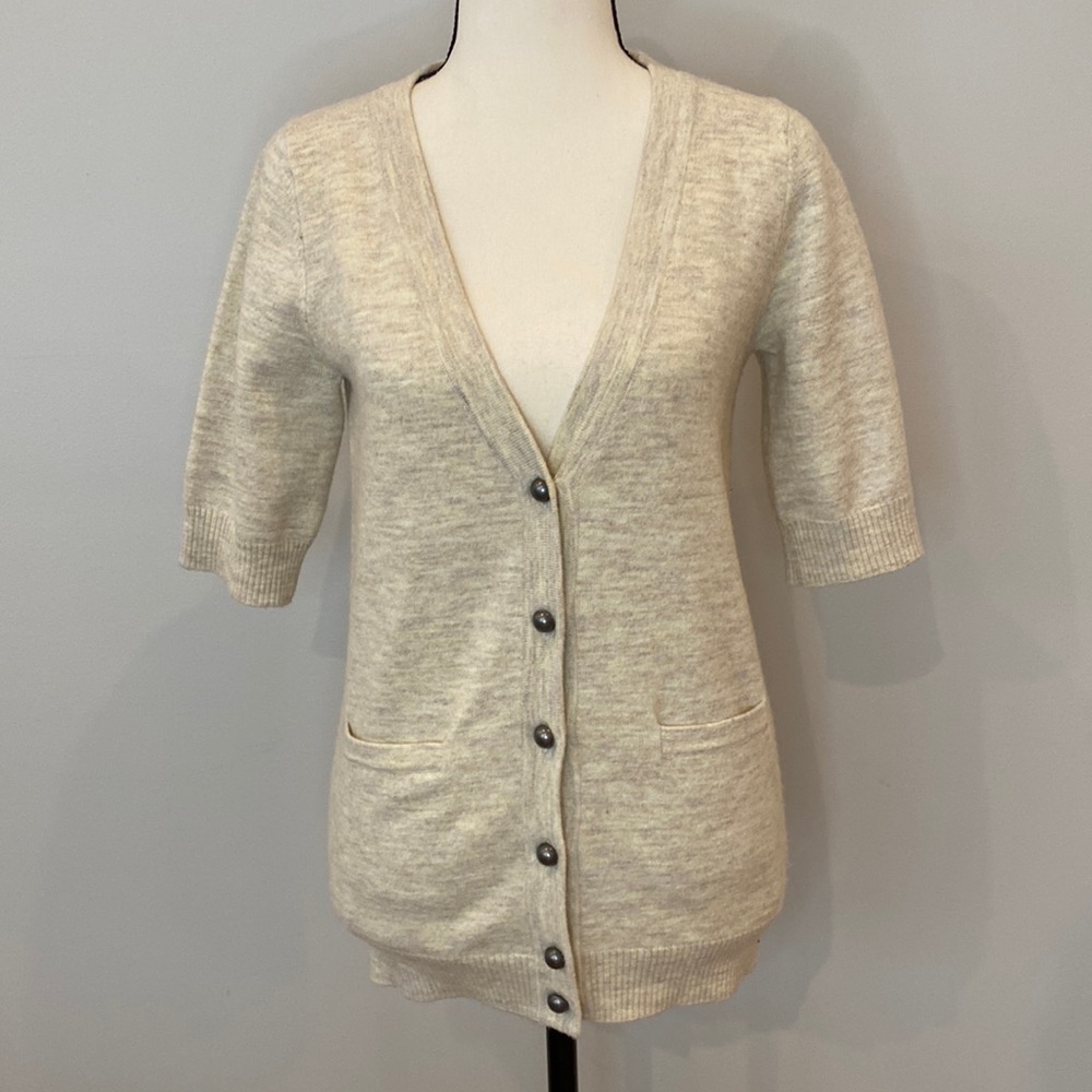 Womens short sleeve cardigan sweater ivory botton front hand pockets soft cozy